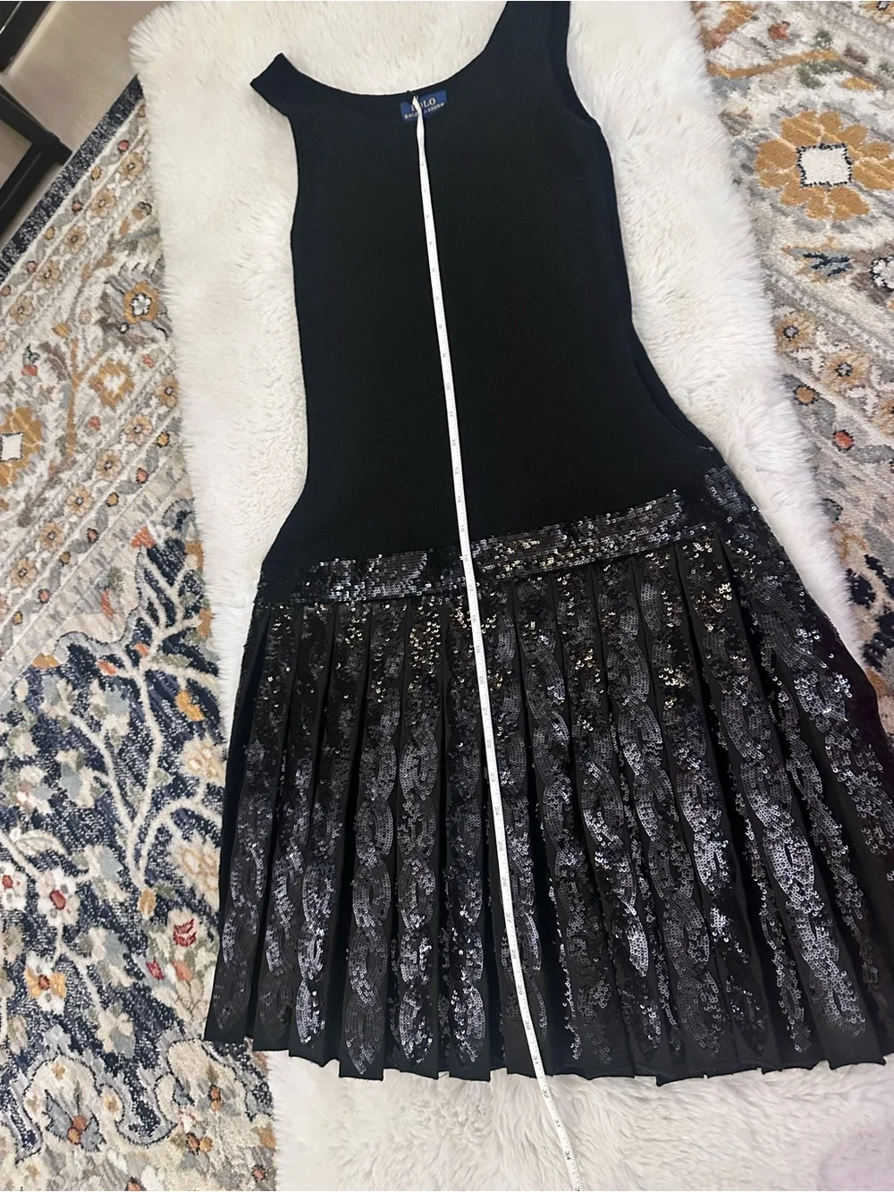 Polo Ralph Lauren Girls Black Knit Drop-Waist Sequin Pleated Dress L/XL Pristine